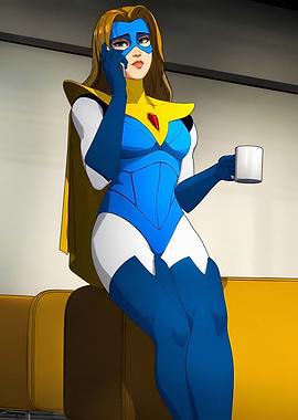 Superheroine on Phone with Coffee