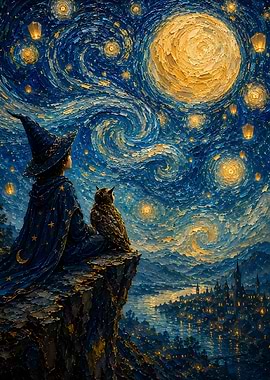 Wizard, Owl, and Starry Night Cityscape