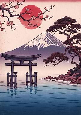 Japanese Art Torii Gate and Mount Fuji
