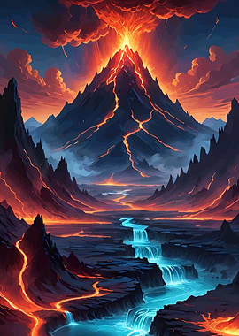 Volcano Erupting with Lava River