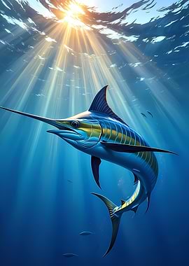 Marlin swimming in sunlit ocean