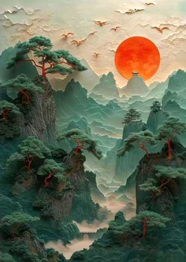 Misty Mountain Landscape with Sun and Birds