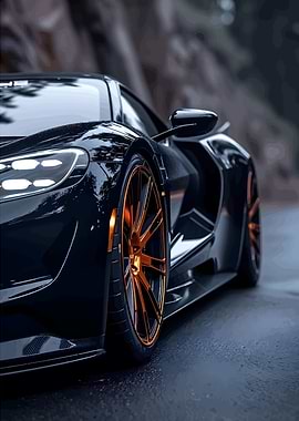 Sleek Black Sports Car with Orange Wheels
