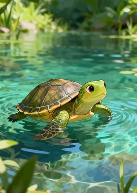 Cute Turtle Swimming in Water