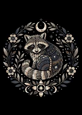 Bohemian Raccoon in Floral Wreath