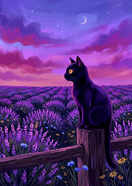 Black Cat in Lavender Field at Dusk