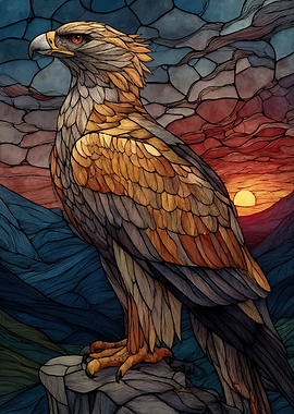 Eagle perched on rock at sunset