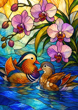 Mandarin Ducks and Orchids Stained Glass