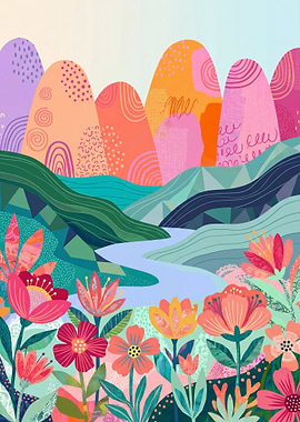 Vibrant Abstract Landscape with Flowers