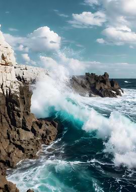 Ocean Waves Crashing on Rocky Shore