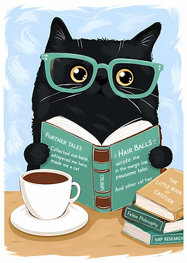 Black Cat Reading Books with Glasses
