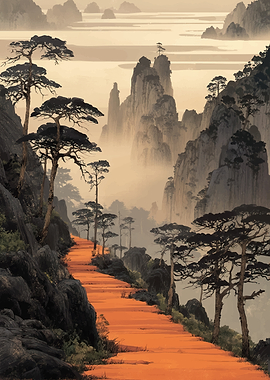 Misty Mountain Path with Pine Trees
