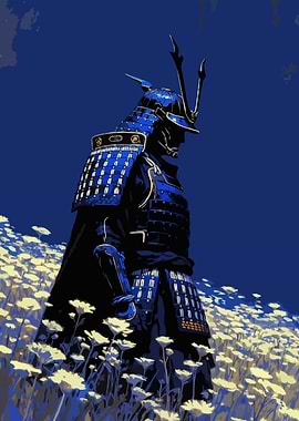 Samurai in a Field of Flowers Blue