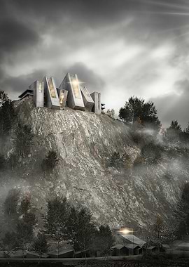 Futuristic building on a rocky mountain