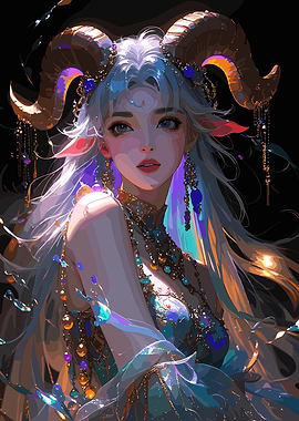 Aries Zodiac Girl with Golden Horns