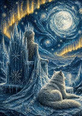 Ice Queen and Wolf Under Aurora