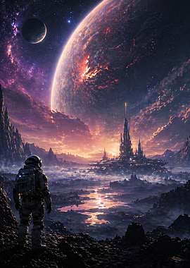 Astronaut overlooking alien cityscape