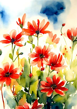 Watercolor Red Flowers and Blue Sky