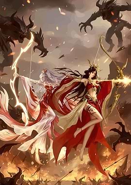 Fantasy Archer Women Fighting Monsters