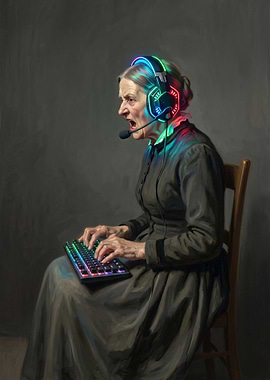 Whistler's Mother Gaming with Neon Headset