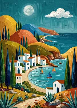 Mediterranean Coastal Village Painting