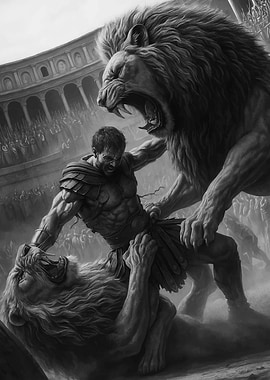 Gladiator Fights Lion in Arena