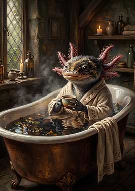 Axolotl Enjoying a Bath with Tea