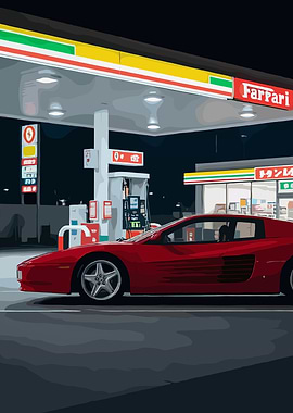 Red Ferrari at a Gas Station