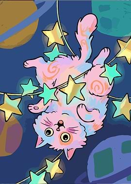 Cute Cat with Star Garland in Space