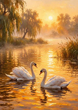 Swans on a Misty Lake at Sunrise