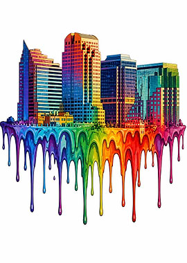 Sacramento California Rainbow Cityscape Drip Art