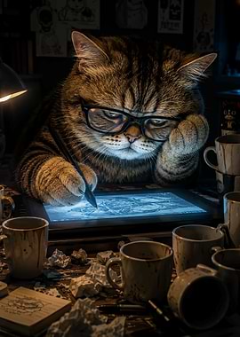 Cat Artist Working Late