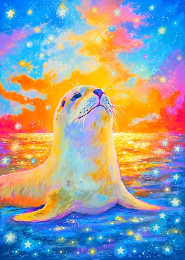 Seal in a Starry, Colorful Sky