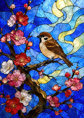 Sparrow on a Blooming Branch