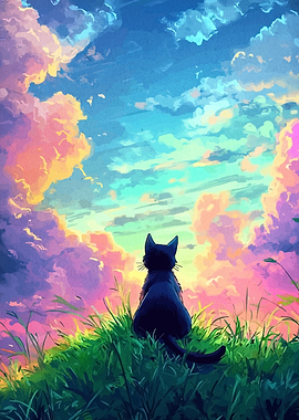 Black Cat Gazing at Sunset Sky