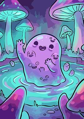 Cute Blob Monster in Mushroom Forest