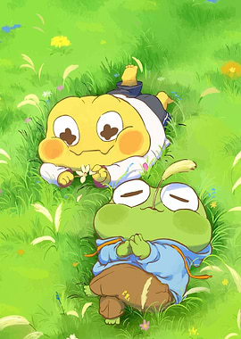 Two frogs relaxing in a grassy field