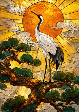 Stained Glass Crane and Sun