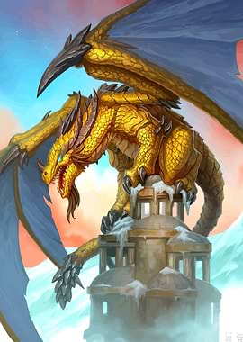 Golden Dragon on Snowy Tower