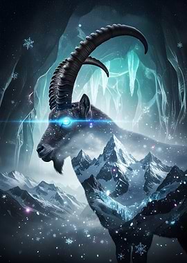 Majestic Ibex in Snowy Mountain Cave
