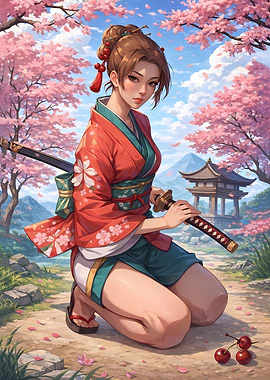 Samurai Woman in Cherry Blossom Garden