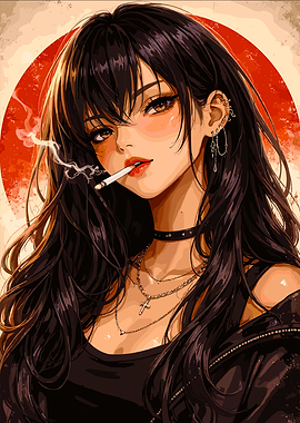 Anime Girl Smoking with Red Background