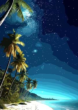 Tropical Beach Under Starry Night Sky