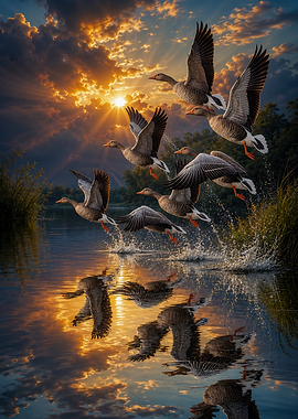 Geese taking flight at sunset