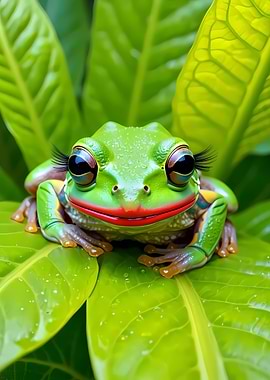 Cute Frog with Eyelashes on Leaves