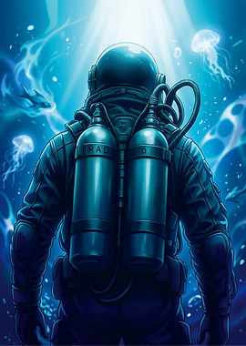 Scuba Diver in Deep Blue Ocean