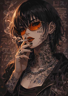 Tattooed Woman Smoking with Orange Sunglasses