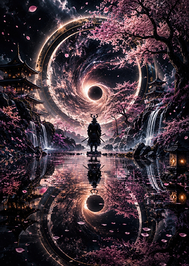 Samurai in a Cosmic Cherry Blossom Landscape