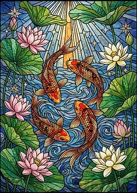 Koi Fish and Lotus Flowers Stained Glass