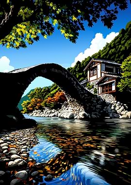 Japanese Bridge and Houses by a River